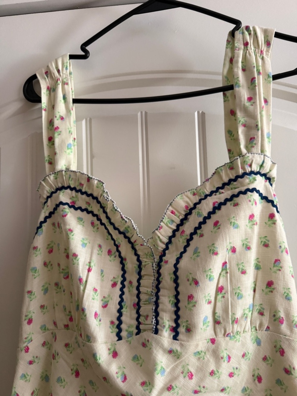 Free People Cream Floral Sundress with Navy Ric Rac Trim